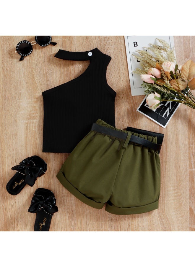 Girls' Sleeveless Off-Shoulder Ribbed Top & Roll-Up Shorts Set, Trendy Summer Outfit